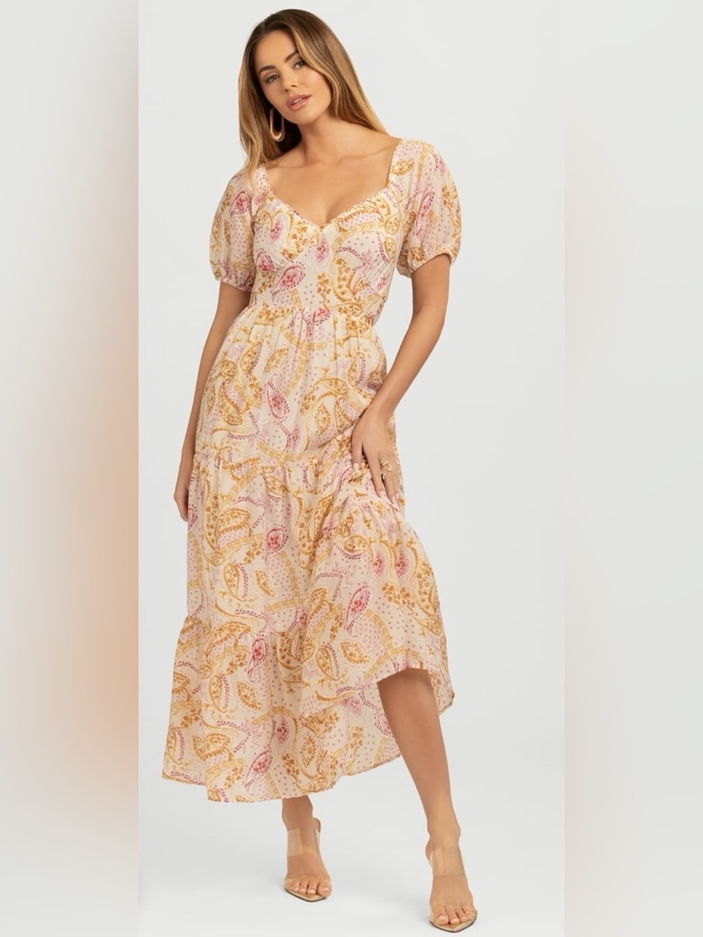 Jessica Simpson Blush Pink and Mustard Paisley Maxi Dress